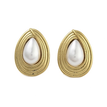 Ion Plating(IP) 304 Stainless Steel & ABS Imitation Pearl Stud Earrings for Women, Teardrop, Real 18K Gold Plated, 24.5x18mm