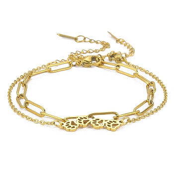 304 Stainless Steel Paperclip Chains & Cable Chain Bracelet Sets, Stackable Paw Print Link Bracelets for Women, Real 18K Gold Plated, 4-1/4 inch(10.8cm)