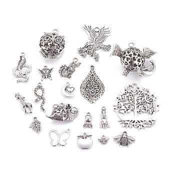 Tibetan Style Alloy Pendants, Natural Theme, Mixed Shapes, Antique Silver, 9.5~50x11~49x1~23.5mm, Hole: 1~3.5mm