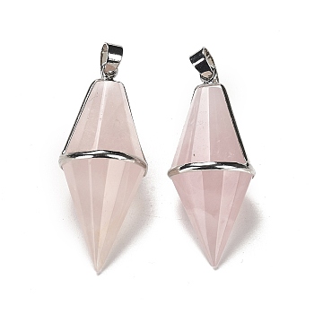 Natural Rose Quartz Pointed Pendants, Faceted Bicone Bullet Charms with Rack Plating Platinum Plated Brass Findings, Cadmium Free & Lead Free, 42.5~43x17~18mm, Hole: 4x5.5mm