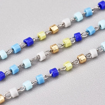 Handmade Glass Seed Beaded Chains, with Stainless Steel Cable Chains, Unwelded, with Spool, Stainless Steel Color, Sky Blue, 1~2x0.9~1.5mm, about 26.24 Feet(8m)/roll