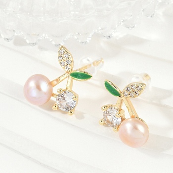 Cherry Brass Clear Cubic Zirconia Stud Earrings, with Imitation Pearl, Real 14K Gold Plated, 14.5x13mm