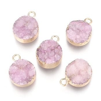 Natural Druzy Agate Pendants, with Real 18K Gold Plated Brass Finding, Long-Lasting Plated, Flat Round, Dyed, Pink, 18~20x14x5~10mm, Hole: 2~3mm