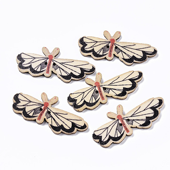 2-Hole Wooden Buttons, Single-Sided Printed, Butterfly, Black, 22x51x3mm, Hole: 1.6mm