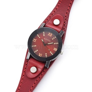 Wristwatch, Quartz Watch, Alloy Watch Head and PU Leather Strap, Dark Red, 9 inches(22.9cm), 14x3mm, Watch Head: 32x34x13mm(WACH-I017-14B)