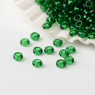 12/0 Grade A Round Glass Seed Beads, Transparent Colours, Green, 2x1.5mm, Hole: 0.5mm, about 45000pcs/pound(SEED-A022-F12-22B)