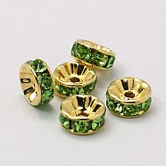 Brass Grade A Rhinestone Spacer Beads, Golden Plated, Rondelle, Nickel Free, Peridot, 5x2.5mm, Hole: 1mm(RSB035NF-10G)