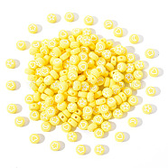 Opaque Acrylic Beads, Flat Round with White Heart & Flower & Moon & Star, Champagne Yellow, 7x4mm, Hole: 1.6mm, 200pcs/set(MACR-YW0001-18H)