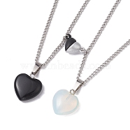 2Pcs 2 Style Natural Black Stone & Opalite Heart Pendant Necklaces Set, 304 Stainless Steel Magnetic Matching Couple Necklaces, 18.11 inch(46cm), 1Pc/style(NJEW-JN04437)