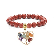 Natural Red Jasper Stretch Bracelet, Yoga Chakra Mixed Gemstone Chips Heart with Tree Charms Bracelet for Women, Inner Diameter: 2-1/8 inch(5.4cm)(BJEW-JB08747-05)