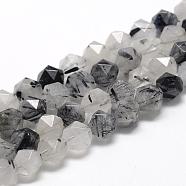Natural Black Rutilated Quartz Beads Strands, Star Cut Round Beads, Faceted, 10x9~10mm, Hole: 1mm, about 39pcs/strand, 15.3 inch(G-R448-10mm-01)