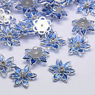 Acrylic Rhinestone Flower Flat Back Cabochons, with Brass Findings, Cornflower Blue, 24x7mm(GACR-R016-02)