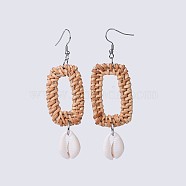 Handmade Reed Cane/Rattan Woven Dangle Earrings, with Cowrie Shell and 304 Stainless Steel Earring Hooks, Rectangle, Peru, 86mm, Pin: 0.6mm(EJEW-JE03045-01)