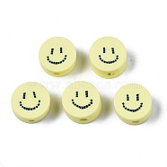 Handmade Polymer Clay Beads, for DIY Jewelry Crafts Supplies, Flat Round with Smiling Face, Champagne Yellow, 9x4~5mm, Hole: 1.6mm(CLAY-N008-031)