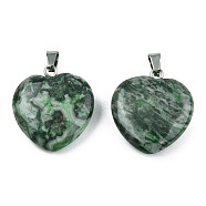 Natural Map Stone Pendants, with Stainless Steel Color Tone Stainless Steel Snap On Bails, Heart Charm, Dyed & Heated, Medium Sea Green, 22~22.5x20~20.5x6mm, Hole: 2.5x5mm(G-N0325-18C)