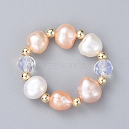 Pearl Rings, with Natural Cultured Freshwater Pearl Beads, Faceted Rondelle Glass Beads, Brass Round Spacer Beads and Elastic Crystal Thread, Seashell Color, Size10, 20mm(RJEW-JR00293)