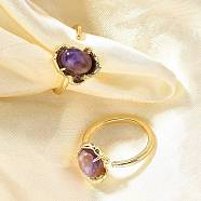 Oval Natural Lepidolite Finger Rings, Brass Cuff Rings for Women, Real 14K Gold Plated, Inner Diameter: 17mm(RJEW-P113-23G)