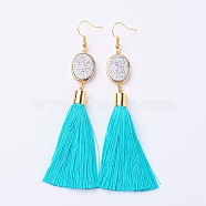 Ice Silk Thread Tassel Dangle Earrings, with Electroplated Natural Druzy Quartz Crystal and Brass Earring Hooks, Golden, Cyan, 98mm, Pin: 0.6mmg, Pendant: 80x14x7mm(EJEW-P142-B03)