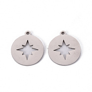201 Stainless Steel Pendants, Laser Cut Pendants, Flat Round with Star, Stainless Steel Color, 16x14x1mm, Hole: 1.2mm(STAS-S110-082P)