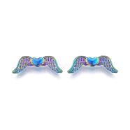 Rack Plating Alloy Beads, Wing with Heart, Rainbow Color, 7x20x3mm, Hole: 1.5mm(FIND-B010-07MC)