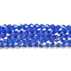 Opaque Solid Color Electroplate Glass Beads Strands, AB Color Plated, Faceted, Bicone, Medium Blue, 4x4mm, Hole: 0.8mm, about 87~98pcs/strand, 12.76~14.61 inch(32.4~37.1cm)(X1-GLAA-F029-P4mm-A11)