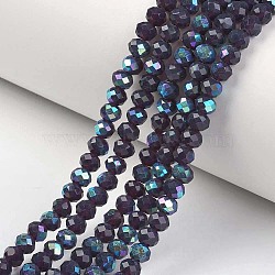 Electroplate Glass Beads Strands, Imitation Jade Beads, Half Plated, Rainbow Plated, Faceted, Rondelle, Indigo, 8x6mm, Hole: 1mm, about 65~68pcs/strand, 15.7~16.1 inch(40~41cm)(EGLA-A034-J8mm-L01)