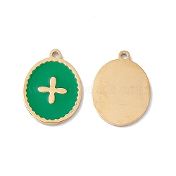 Ion Plating(IP) 304 Stainless Steel Pendants, with Enamel, Real 24K Gold Plated, Oval with Cross, Sea Green, 13.5x10x1mm, Hole: 1mm(STAS-H168-03G-04)
