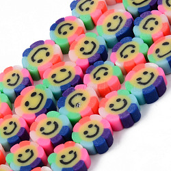 Handmade Polymer Clay Beads Strands, for DIY Jewelry Crafts Supplies, Flower with Smiling Face, Colorful, 9~10x4mm, Hole: 1.5mm, about 38~40pcs/strand, 13.78 inch~14.8 inch(35~37.6cm)(CLAY-N008-003)