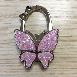 Glitter Butterfly Zinc Alloy Crystal Rhinestone Bag Hanger, Foldable Purse Hooks with Leather, Violet, 70x49x10mm(BAGH-F001-A11)