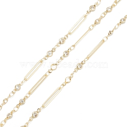 Handmade Brass Cable Chains, with Clear Cubic Zirconia Charms, Soldered, with Spool, Long-Lasting Plated, Round & Rectangle, Golden, 8.5~15x2.5~3.5x0.5~2mm, 32.8 Feet(10m)/roll(CHC-K011-04G)