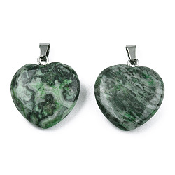 Natural Map Stone Pendants, with Stainless Steel Color Tone Stainless Steel Snap On Bails, Heart Charm, Dyed & Heated, Medium Sea Green, 22~22.5x20~20.5x6mm, Hole: 2.5x5mm(G-N0325-18C)