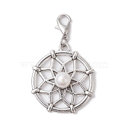 Woven Net/Web Tibetan Style Alloy Pendant Decoraiton, with Natural Cultured Freshwater Pearl Beads and Alloy Lobster Claw Clasps, Antique Silver & Platinum, 44mm(HJEW-JM01385)