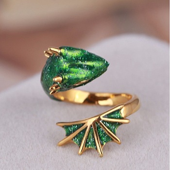 Enamel Dragon Open Cuff Ring, Gold Plated Alloy Gothic Ring for Women, Dark Green, US Size 8 1/2(18.5mm)