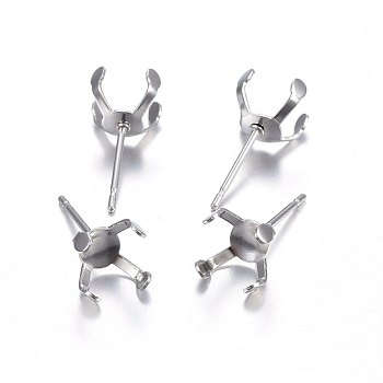 201 Stainless Steel Prong Earring Settings, Stud Earring Findings, with 304 Stainless Steel Pins, Stainless Steel Color, 16.5mm, Tray: 8x8mm, Pin: 0.8mm