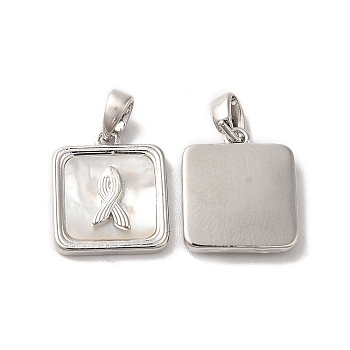 Natural Shell Square Charms, with Brass Findings, Platinum, 15x13x3mm, Hole: 2x4mm