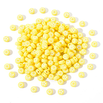 Opaque Acrylic Beads, Flat Round with White Heart & Flower & Moon & Star, Champagne Yellow, 7x4mm, Hole: 1.6mm, 200pcs/set