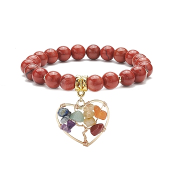 Natural Red Jasper Stretch Bracelet, Yoga Chakra Mixed Gemstone Chips Heart with Tree Charms Bracelet for Women, Inner Diameter: 2-1/8 inch(5.4cm)