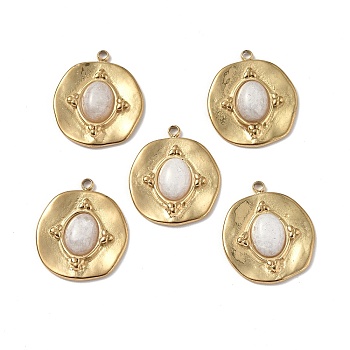 Vacuum Plating 201 Stainless Steel Natural White Jade Pendants, Real 18K Gold Plated, Wave Flat Round Charms, 19.5x16.5x4mm, Hole: 1.5mm