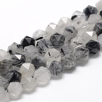 Natural Black Rutilated Quartz Beads Strands, Star Cut Round Beads, Faceted, 10x9~10mm, Hole: 1mm, about 39pcs/strand, 15.3 inch