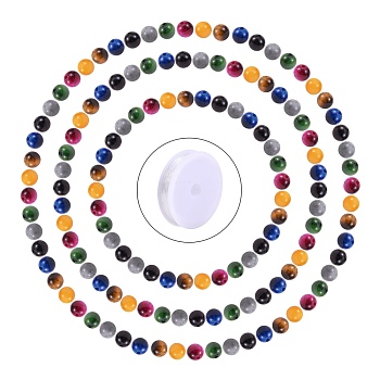 DIY Bracelet Making Kits, 140Pcs 6mm Round Natural Eagle Eye & Tiger Eye Beads, Elastic Crystal Thread, Mixed Color, Beads: 140pcs