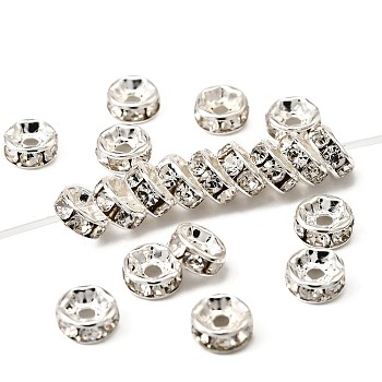 Brass Rhinestone Spacer Beads, Grade A, Straight Flange, Silver Color Plated, Rondelle, Crystal, 6x3mm, Hole: 1mm