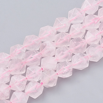 Natural Rose Quartz Beads Strands, Star Cut Round Beads, Faceted, 12x11~12mm, Hole: 1.2mm, about 30~32pcs/strand, 14.2~14.6 inch