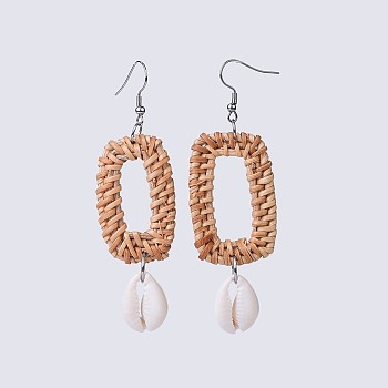 Handmade Reed Cane/Rattan Woven Dangle Earrings, with Cowrie Shell and 304 Stainless Steel Earring Hooks, Rectangle, Peru, 86mm, Pin: 0.6mm