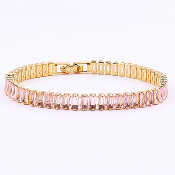 Cubic Zirconia Tennis Bracelets, Brass Rectangle Link Chain Bracelet, Pink, No Size