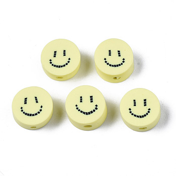 Handmade Polymer Clay Beads, for DIY Jewelry Crafts Supplies, Flat Round with Smiling Face, Champagne Yellow, 9x4~5mm, Hole: 1.6mm