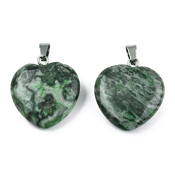 Natural Map Stone Pendants, with Stainless Steel Color Tone Stainless Steel Snap On Bails, Heart Charm, Dyed & Heated, Medium Sea Green, 22~22.5x20~20.5x6mm, Hole: 2.5x5mm