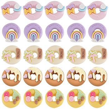 50Pcs 5 Styles Opaque Resin Imitation Food Cabochons, Donut, Mixed Color, 22~24x22~24x8~9.5mm, 10pcs/style