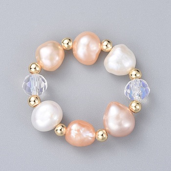 Pearl Rings, with Natural Cultured Freshwater Pearl Beads, Faceted Rondelle Glass Beads, Brass Round Spacer Beads and Elastic Crystal Thread, Seashell Color, Size10, 20mm