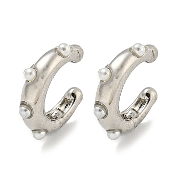 Ring Rack Plating Brass Cuff Earrings, Plastic Imitation Pearl Earrings for Women, Cadmium Free & Lead Free, Long-Lasting Plated, Platinum, 13~14x3mm