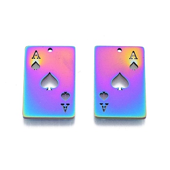 Ion Plating(IP) 201 Stainless Steel Pendant,  Playing Cards Charms, Ace of Spades, Rainbow Color, 28x18x1.5mm, Hole: 1.5mm